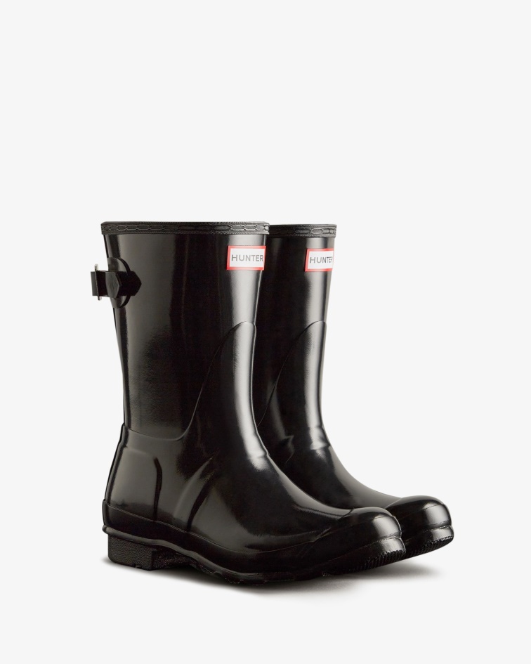 Hunter Women's Short Back Adjustable Gloss Rain Boots Black