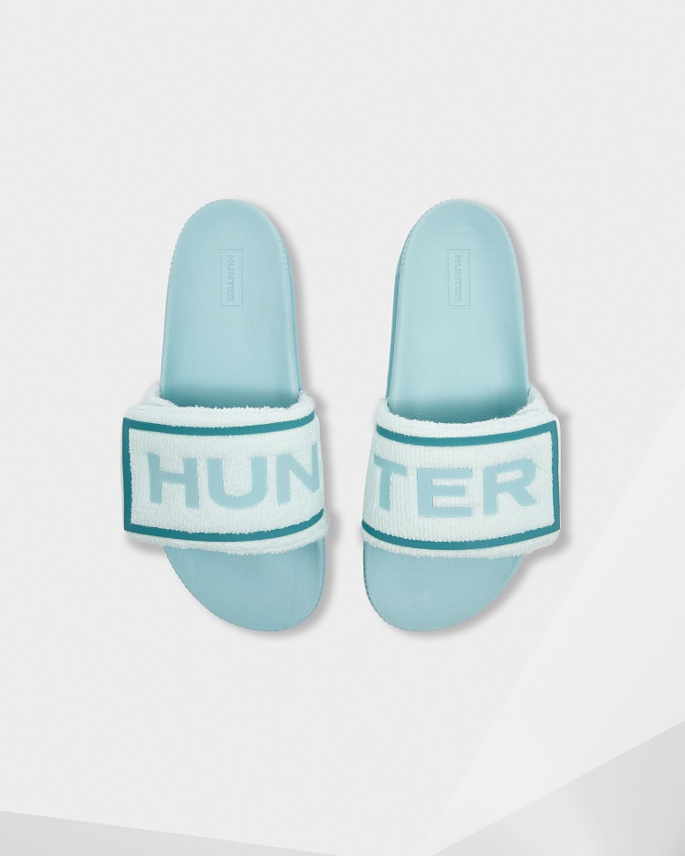 Hunter Women's Terry Towelling Logo Adjustable Slides Spearmint-Eucalyptus Blue