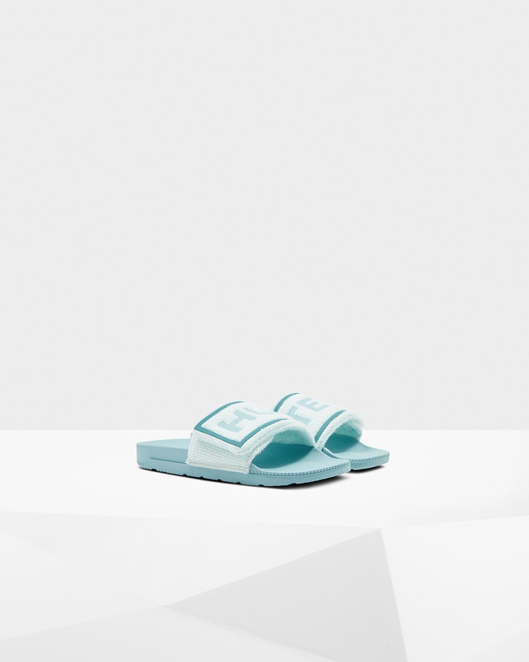 Hunter Women's Terry Towelling Logo Adjustable Slides Spearmint-Eucalyptus Blue