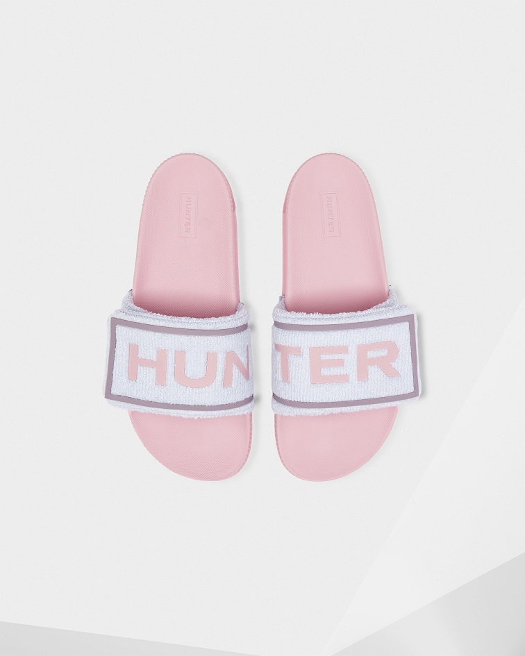 Hunter Women's Terry Towelling Logo Adjustable Slides Arctic Iris Blue-Foxglove Pink