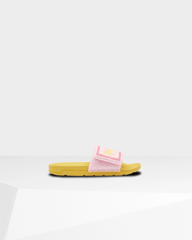 Hunter Women's Terry Towelling Logo Adjustable Slides Foxglove Pink-Primrose Yellow