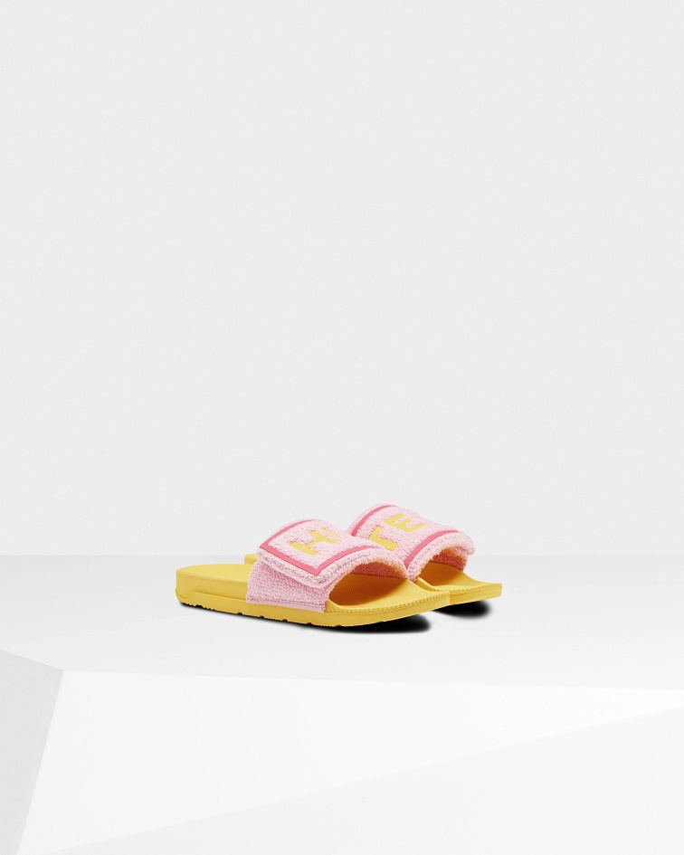 Hunter Women's Terry Towelling Logo Adjustable Slides Foxglove Pink-Primrose Yellow