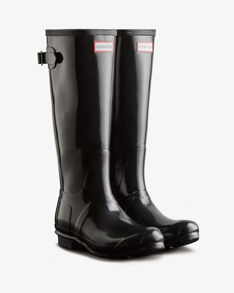 Hunter Women's Tall Back Adjustable Gloss Rain Boots Black
