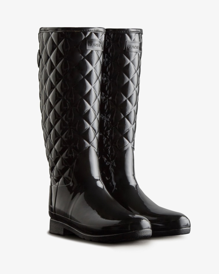 Hunter Women's Refined Slim Fit Adjustable Quilted Tall Rain Boots Black