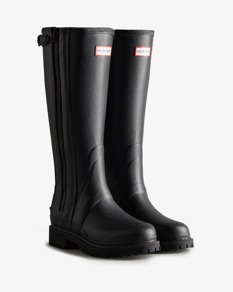 Hunter Women's Balmoral Commando Rubber Zip Tall Rain Boots Black