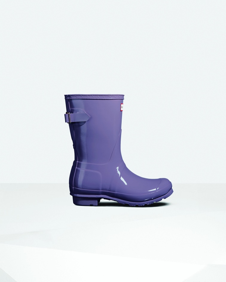 Hunter Women's Short Back Adjustable Gloss Rain Boots Purple Top