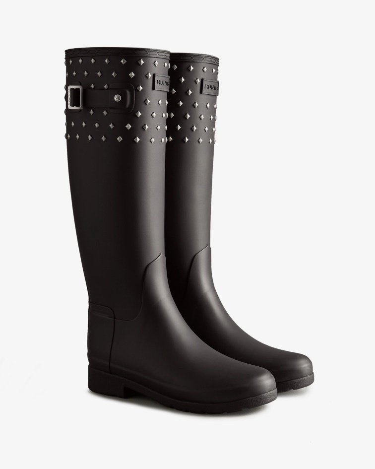 Hunter Women's Refined Slim Fit Tall Stud Cuff Rain Boots Black