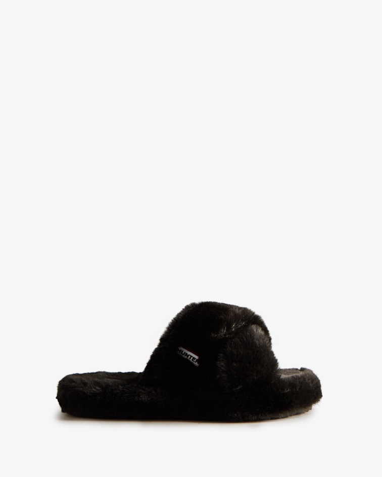 Hunter Women's Faux Fur Flatform Crossover Slide Black