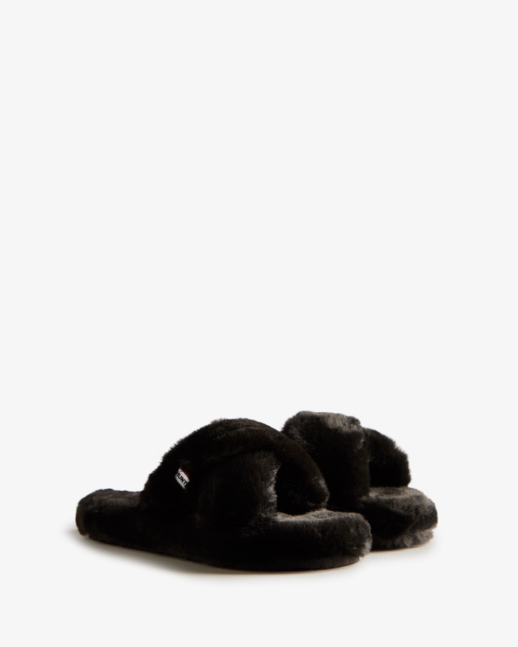 Hunter Women's Faux Fur Flatform Crossover Slide Black
