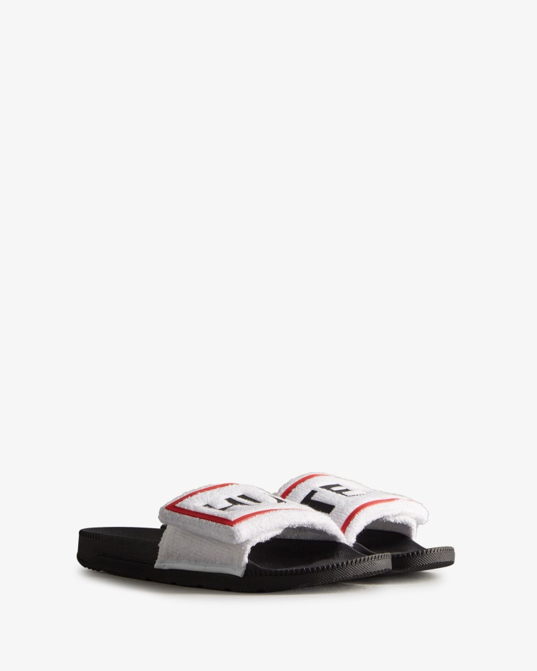 Hunter Women's Terry Towelling Logo Adjustable Slides White-Black
