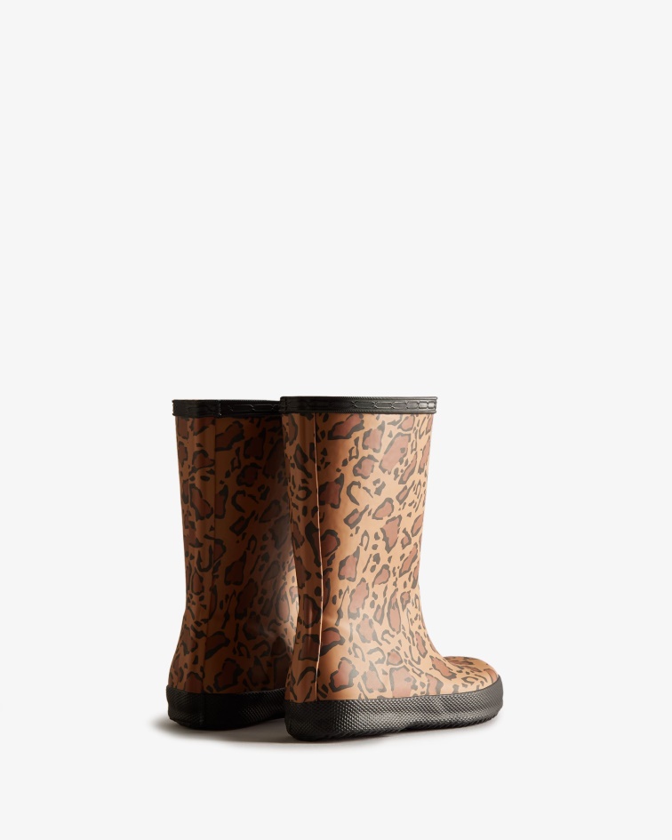 Hunter Kids First (18 Months-8 Years) Leopard Print Rain Boots Rich Tan-Saddle-Black