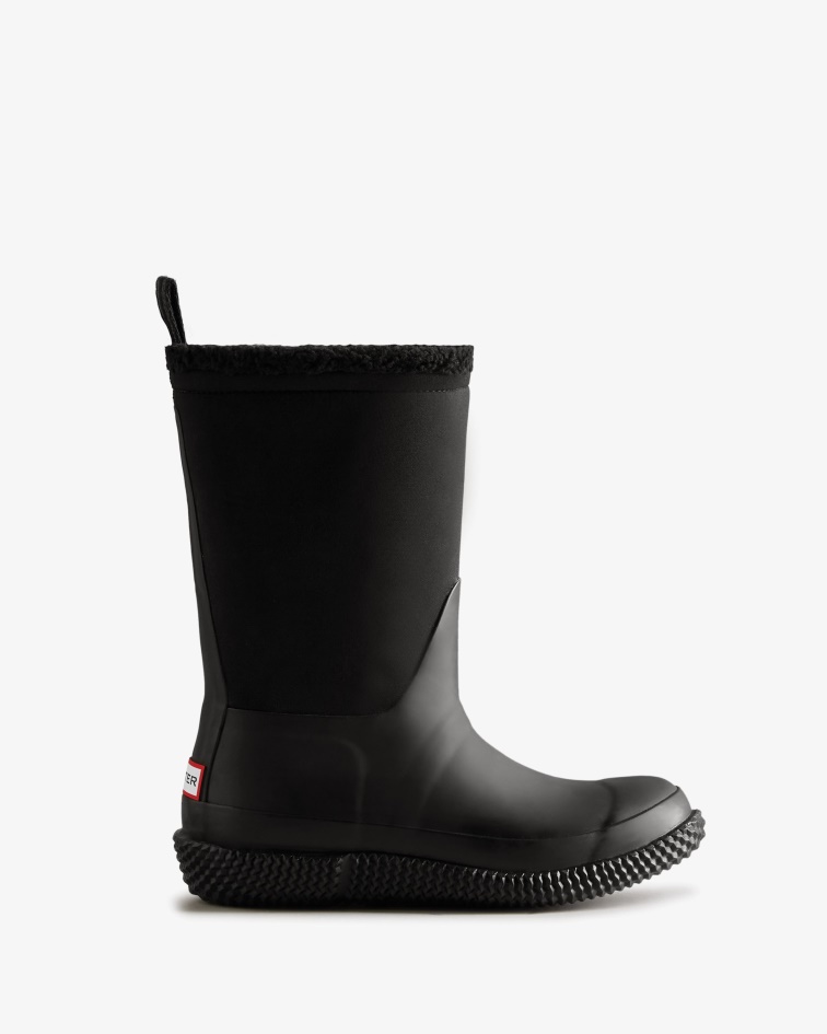 Hunter Women's Insulated Roll Top Logo Vegan Shearling Boots Black-White Willow